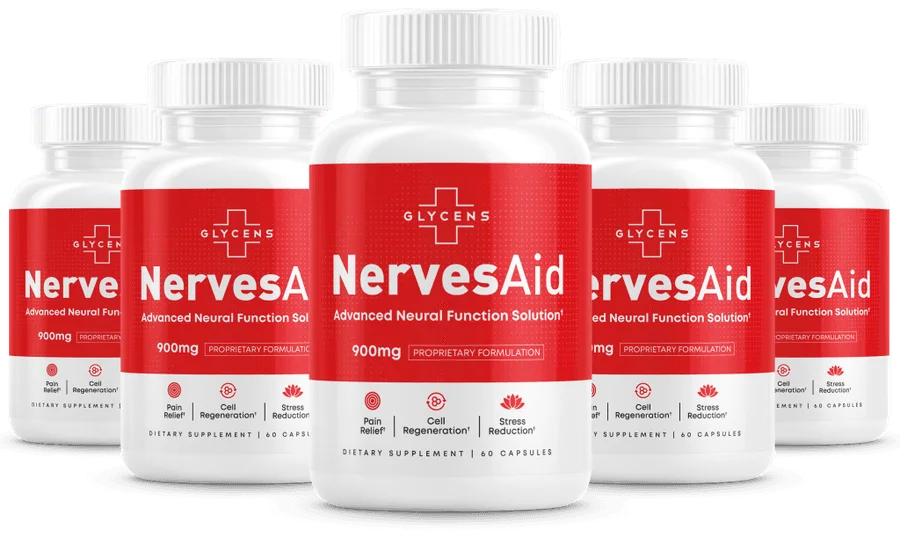 NervesAid bottle showing 900 mg proprietary formulation and 60 capsules per bottle