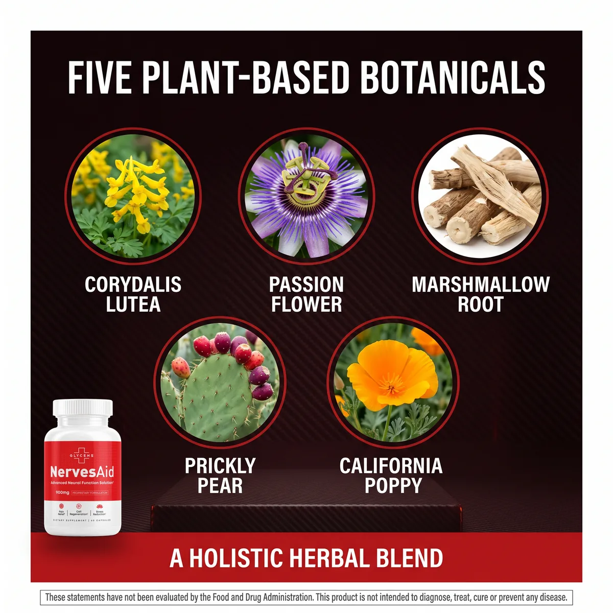 NervesAid five plant-based botanicals: Corydalis Lutea, Passion Flower, Marshmallow Root, Prickly Pear and California Poppy